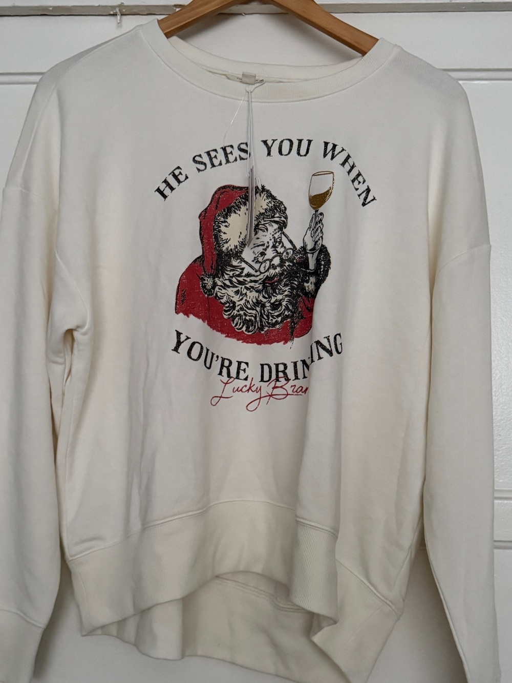 Lucky Brand Cream Crewneck Sweatshirt with Red Santa Graphic